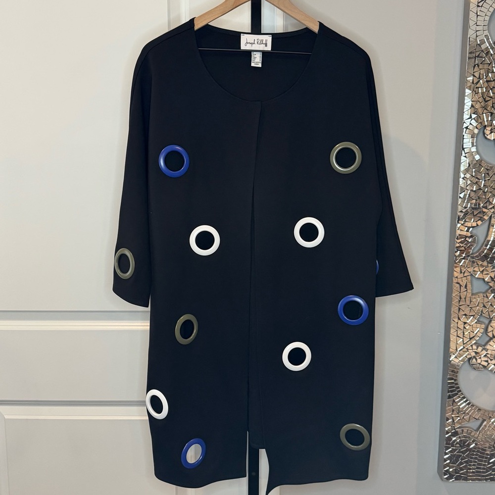 Joseph Ribkoff Black Tunic Top Blue White Grommet Rings 3/4 Sleeve NWOT